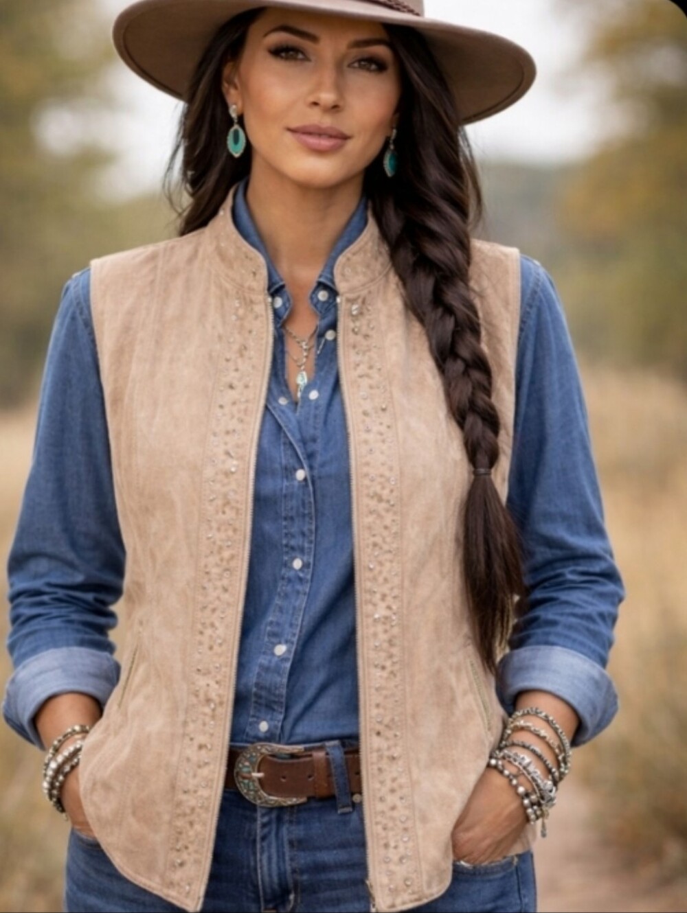 Tan Suede Embellished Vest Knit Back Zipper Front Western Boho Cowgirl Sz L